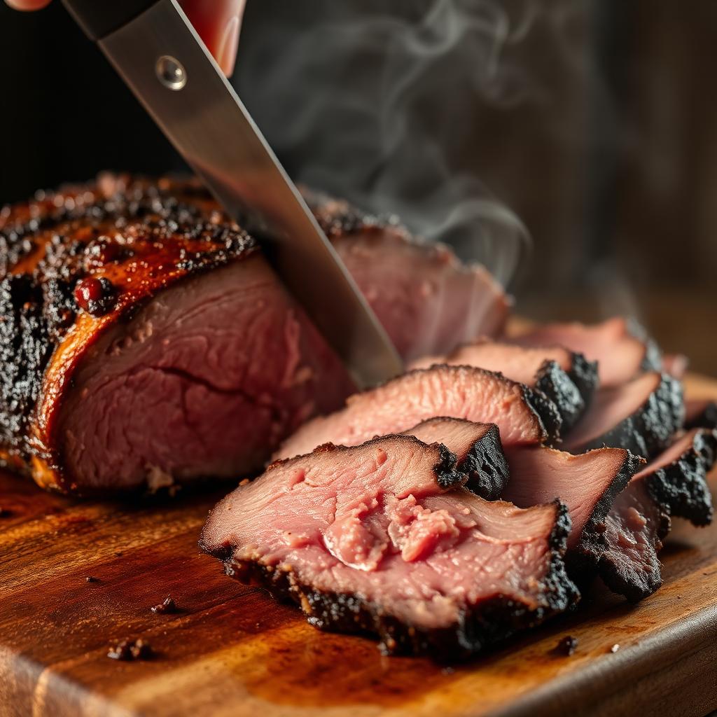 Slow-smoked brisket being sliced