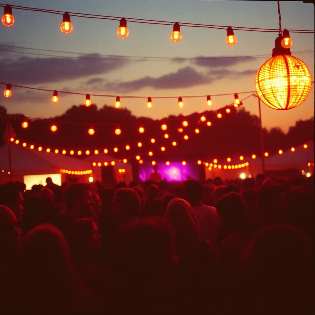 Festival crowd at dusk under string lights