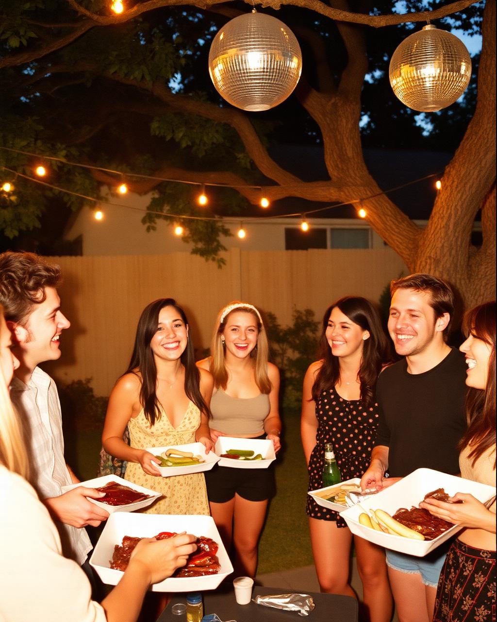Friends at a backyard party with disco balls